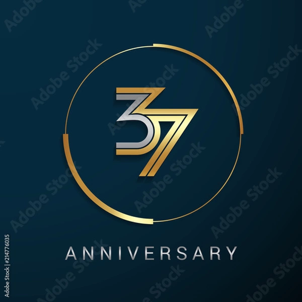 Obraz 37 Years Anniversary Logotype with  Gold and Silver Multi Linear Number in a Golden Circle , Isolated on Dark Background