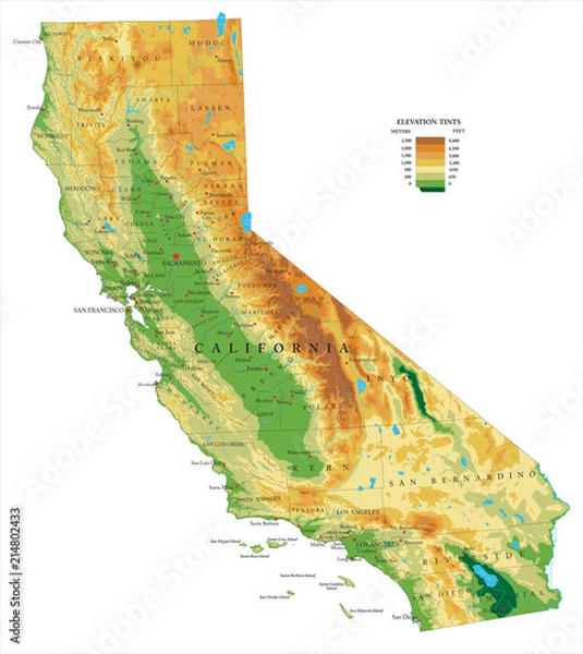 Obraz Mapa fizyczna Kalifornii
