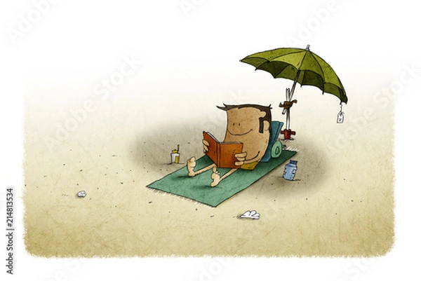 Obraz illustration of beach, under an umbrella a man is lying on a towel while reading a book.