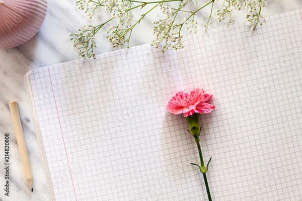 Obraz Copy space from an open notebook on a marble table, a pink vase and a carnation