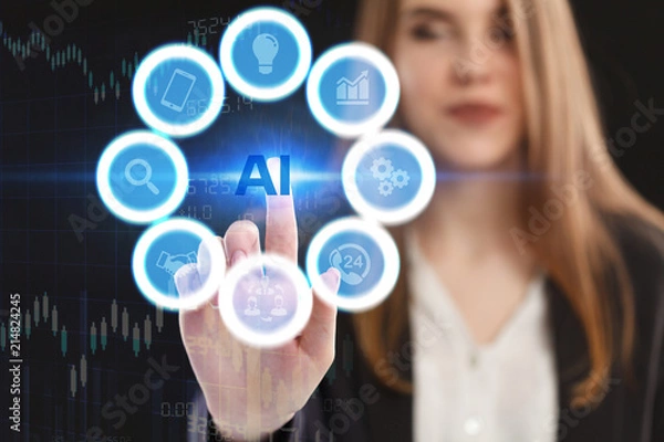 Fototapeta The concept of business, technology, the Internet and the network. A young entrepreneur working on a virtual screen of the future and sees the inscription: AI