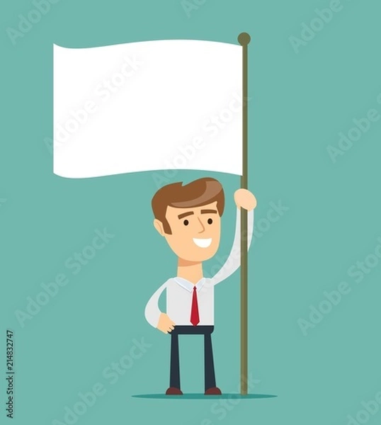 Obraz Businessman holds white flag of surrender. Hand holding blank flag. Flat style vector illustration. Surrender concept.