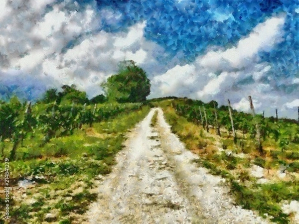 Fototapeta Hand drawing watercolor art on canvas. Artistic big print. Original modern painting. Acrylic dry brush background. The road between the spacious field that goes far into the distance.  