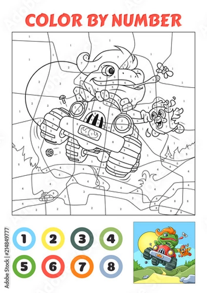 Fototapeta Color by Number is an educational game for children. Frog Racer. Two versions. Coloring book page with example.