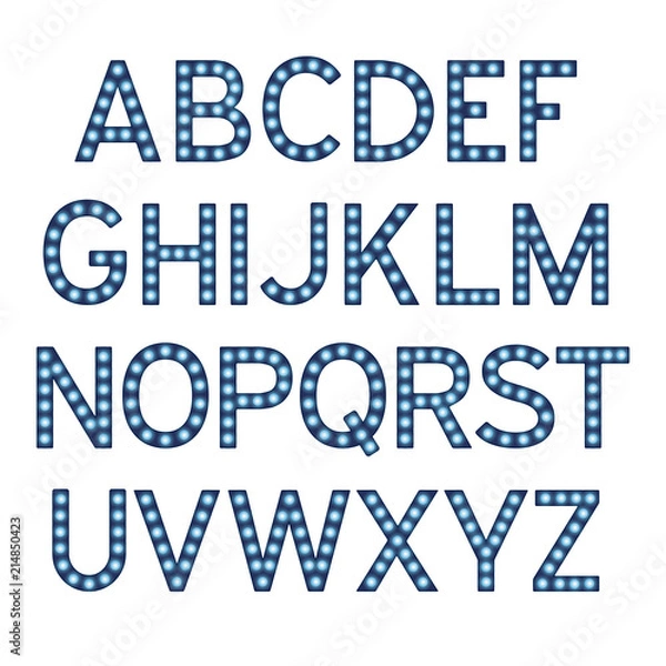 Fototapeta Alphabet with blue light bulbs, letters with lamps, lamp font, glowing letters imitation, vector