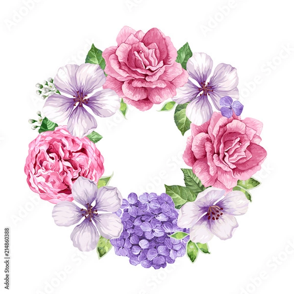 Fototapeta Flower frame in watercolor style isolated on white background. Template for invitation card. Place for text.