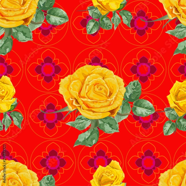 Obraz Yellow roses and Thai graphic flowers seamless pattern on red background