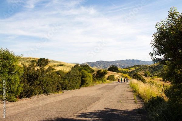Obraz Relaxing hike on a sunny day on a paved road in Irvine Open Space Park in Orange County, Southern California USA; healthy outdoor living and exercise, socializing with your friends while walking