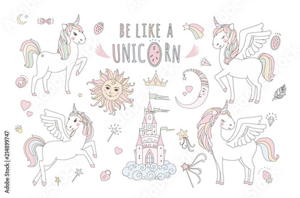 Fototapeta Unicorn vector sweet cute illustration. Magic fantasy design. Cartoon rainbow animal isolated horse. Fairytale unicorn print poster.