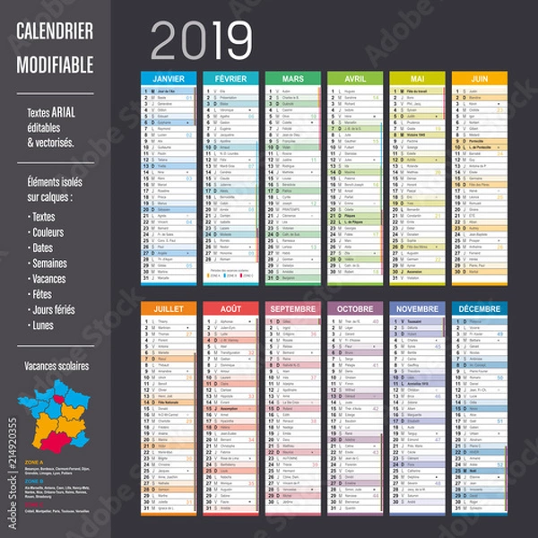 Fototapeta Calendrier 2019 modifiable (éléments isolés sur calques, textes en ARIAL éditables et vectorisés)