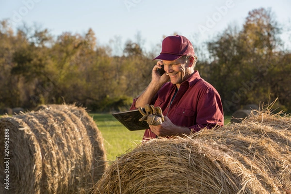 Obraz Farmer using tablet and talking on mobile phone