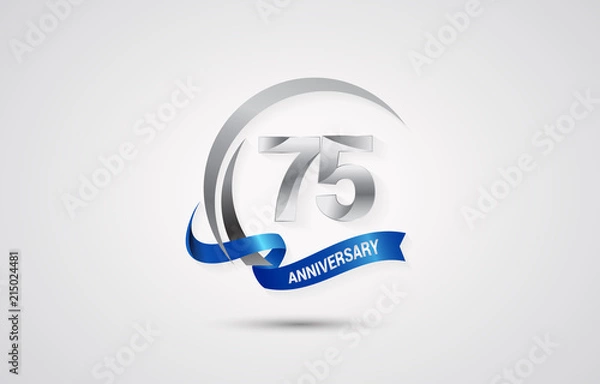 Obraz 75 Years Anniversary Celebration Logotype. Silver Elegant Vector Illustration  with Swoosh,  Isolated on white Background can be use for Celebration, Invitation, and Greeting card