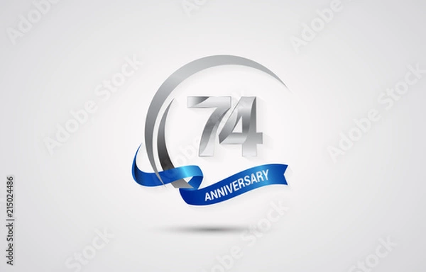 Fototapeta 74 Years Anniversary Celebration Logotype. Silver Elegant Vector Illustration  with Swoosh,  Isolated on white Background can be use for Celebration, Invitation, and Greeting card
