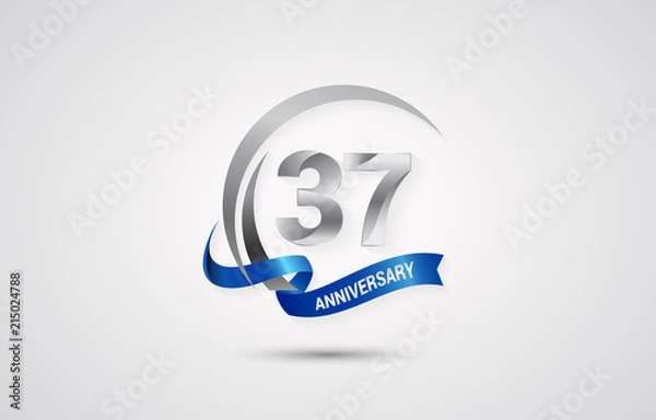 Fototapeta 37 Years Anniversary Celebration Logotype. Silver Elegant Vector Illustration  with Swoosh,  Isolated on white Background can be use for Celebration, Invitation, and Greeting card