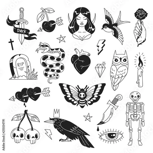 Obraz Tattoo elements collection. Vector illustration of fantasy mystical black and white icons such as skeleton, grave, sorceress, sword, snake, owl and crow isolated on white.