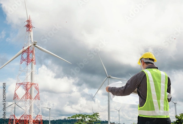 Fototapeta Engineer worker at wind turbine power station construction site