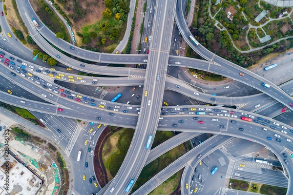 Fototapeta Aerial view of a massive highway intersection