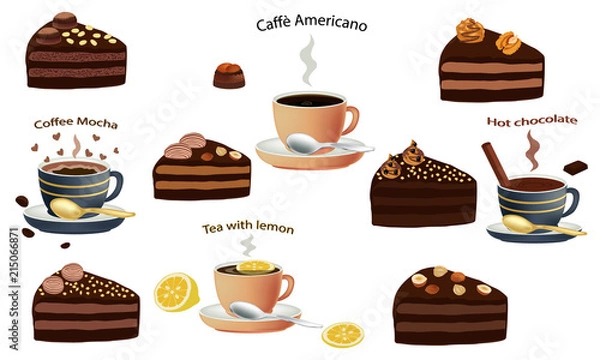 Obraz Black coffee americano, coffee cappuccino, hot chocolate and pieces chocolate cake with chocolate cream and nuts isolated on white background. Cakes sliced. A cup of coffee and chocolate cake. Vector 