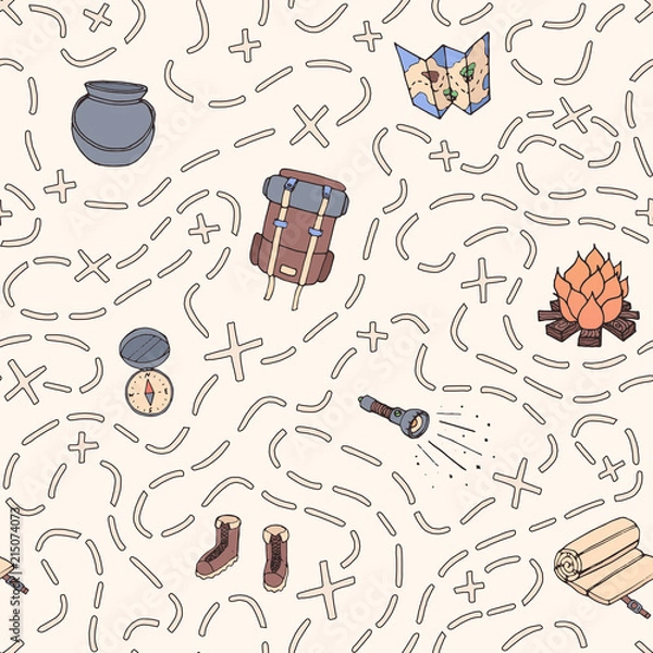 Fototapeta Hand drawn vector camping seamless pattern with backpack, bonfire, shoes, map, cauldron, sleeping bag, flashlight, compass and path to location. Travel ornament on the beige background.