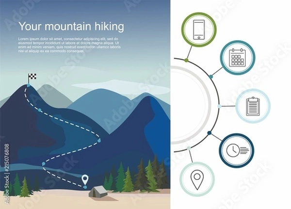 Obraz Hiking route infographic with a five steps. Layers of mountain landscape with fir trees