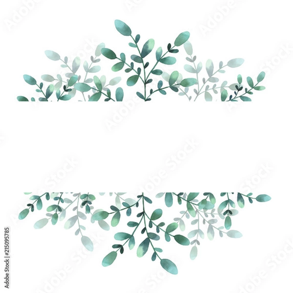 Fototapeta Template with green branches of leaves.  Floral frame. Hand drawn watercolor illustration. Botanical label. For invitations, greeting cards, natural cosmetics, packing and tea.