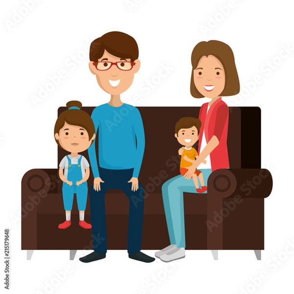 Fototapeta parents couple with daughter and son in the sofa