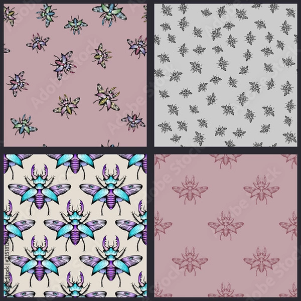 Fototapeta Set of four stag beetle seamless patterns