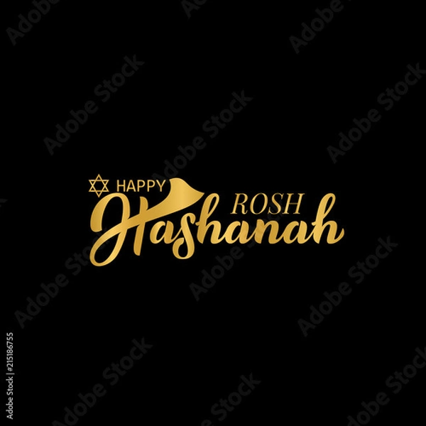 Fototapeta Rosh Hashanah. Jewish New Year. Hand lettering illustration for banner, flyer, print material, sticker, typography, poster, greeting card, postcard, logo. Calligraphy of gold color. Vector