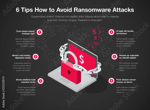 Obraz Prosta infografika zawierająca 6 wskazówek, jak uniknąć ataków ransomware za pomocą laptopa, czerwonej kłódki i łańcucha na ciemnym tle. Łatwy w użyciu dla Twojej witryny lub prezentacji.