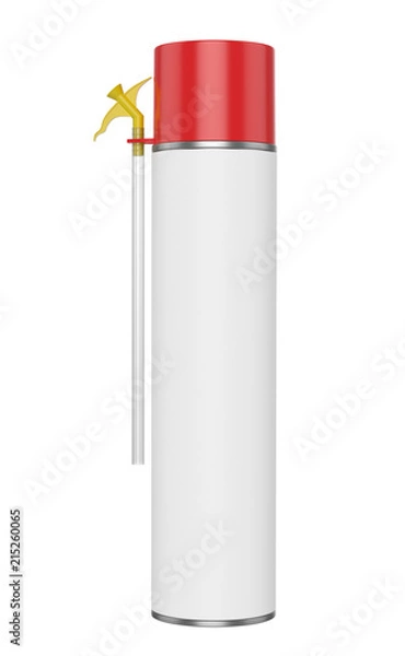 Obraz 3D realistic render of big contstruction foam can. With red lid, yellow spray nozzle and transparent hose. Isolated on white background.