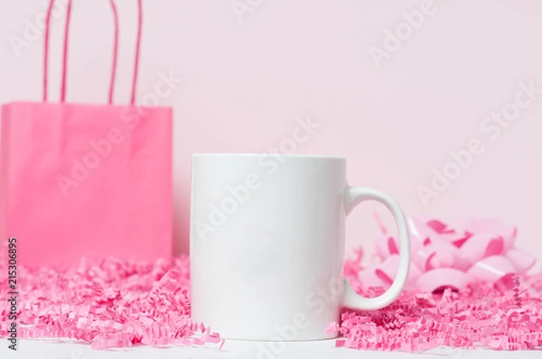Obraz blank white coffee mug mock up with pink flowers