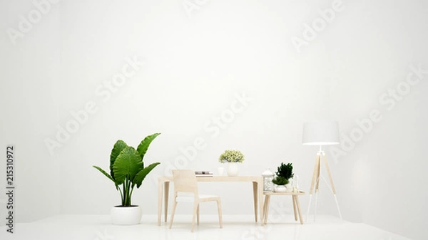 Fototapeta White working room and living area minimal design for artwork - Workplace and empty space for add message - Interior simple design - 3D Rendering