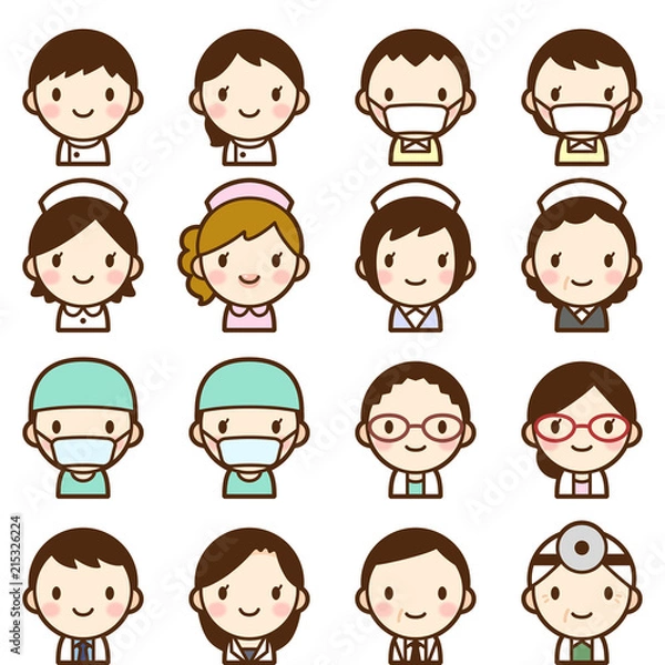 Obraz 様々な世代の医療関係者　男女　白衣　顔　表情　かわいい　アイコン　セット