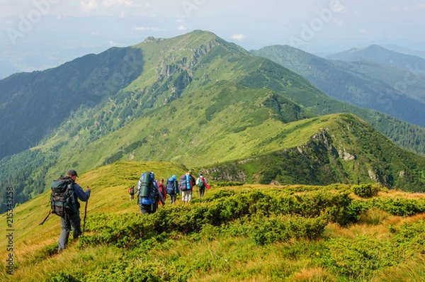 Obraz Group of tourists with large backpacks are on mountain
