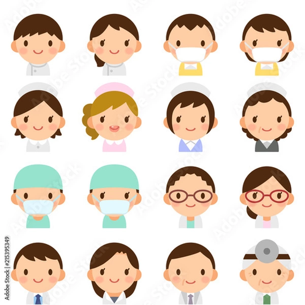 Obraz 様々な世代の医療関係者　男女　白衣　顔　表情　かわいい　フラットアイコン　セット