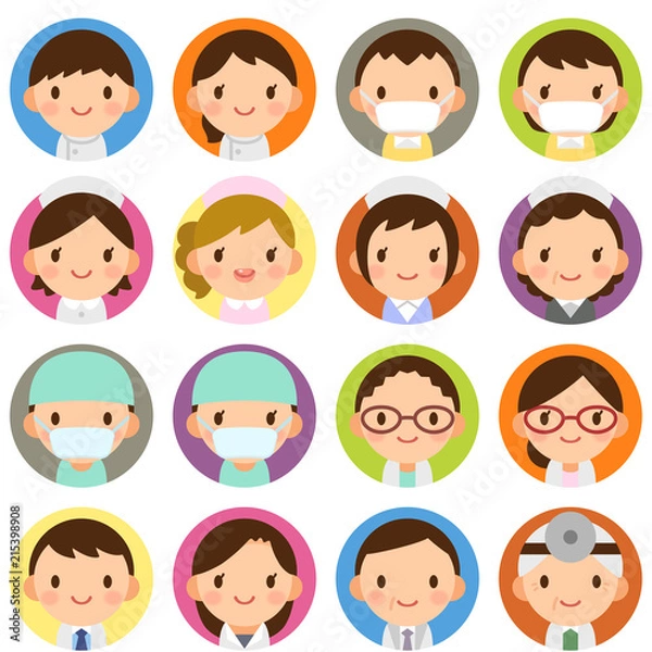 Obraz 様々な世代の医療関係者　男女　白衣　顔　表情　かわいい　フラット丸アイコン　セット
