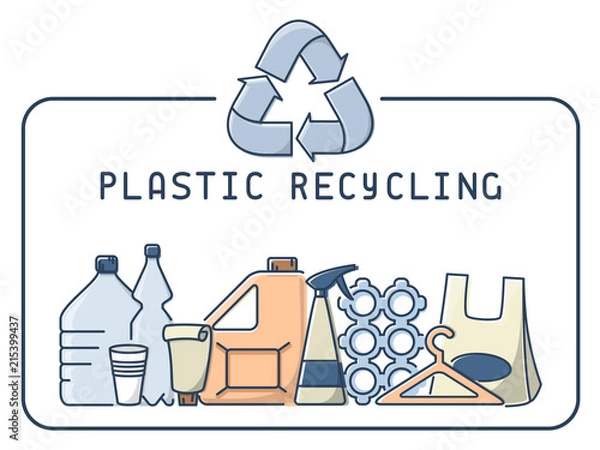 Fototapeta Plastic recycling illustration with trash and lettering. Linear style vector illustration. EPS10