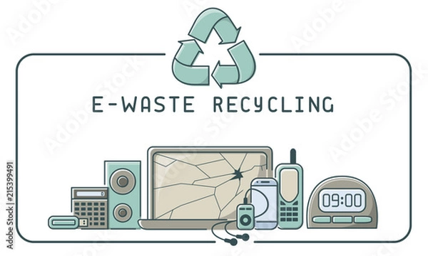 Fototapeta Zestaw ikon recyklingu e-odpadów z elektroniki śmieci i napis. Ilustracja wektorowa w stylu liniowym. EPS10