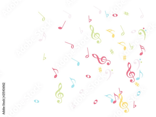 Fototapeta Music Notes Confetti Falling Chaos Vector. Music Symbols Texture Poster Background Elements. Party Night, Festival, Celebration or Concert, Melody Notes Trail. Decorative Song Sheets Chaos Effect.