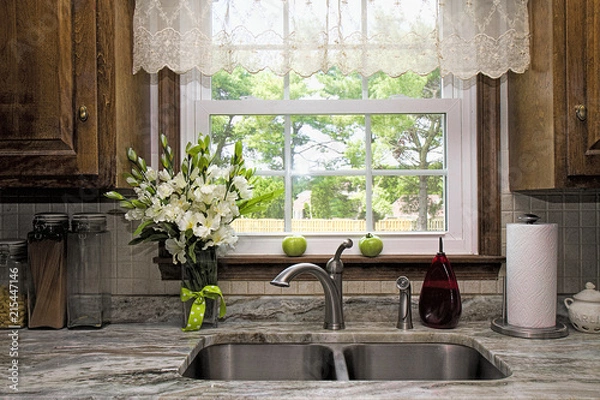 Fototapeta Kitchen view of window and backyard view.  Sheer Valance overhead of double stainless steel sink and granite countertop.  Window seal has two green tomatoes waiting to ripe on it.