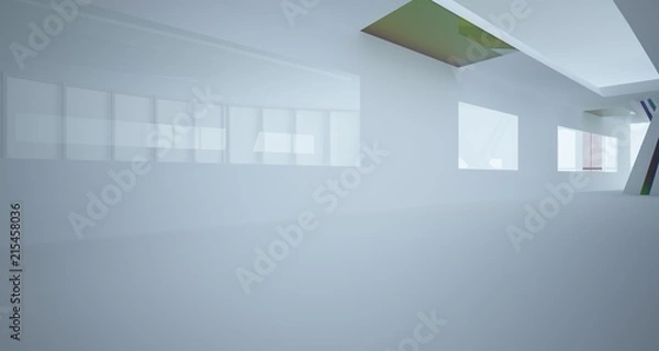 Fototapeta Abstract white and colored gradient glasses interior multilevel public space with window. 3D illustration and rendering.