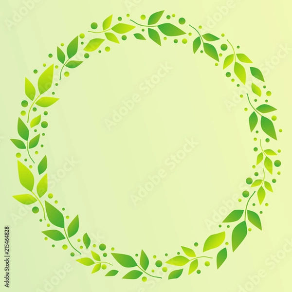 Fototapeta Light green background with decorative circle frame of green leaves and dots for decoration, scrapbooking paper, sheet of book or notebook, wedding invitation, greeting card, text, family tree