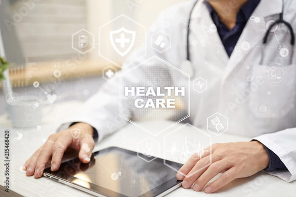 Fototapeta Medicine and healthcare concept. Medical doctor working with modern pc. Electronic health record. EHR, EMR.