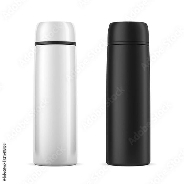 Fototapeta Large white and black travel thermos bottle Mockup isolated on white, 3d rendering