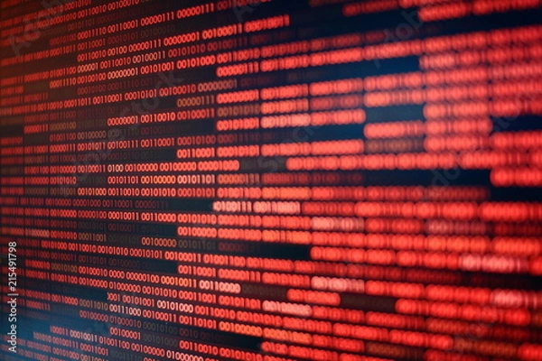 Obraz red binary code. computer technology background. red binary code computer language data transfers. unsecured and dangerous big data and ai artificial intelligence cyber network.