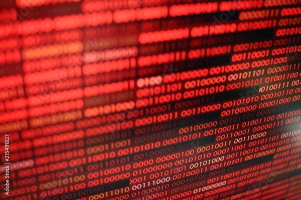 Obraz red binary code. computer technology background. red binary code computer language data transfers. unsecured and dangerous big data and ai artificial intelligence cyber network.