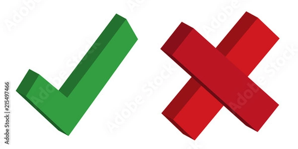 Fototapeta Tick and cross signs. Green checkmark OK and red X icons, isolated on white background. Simple marks graphic design, symbols YES and NO button for vote, decision, web.  illustration