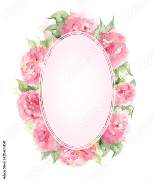 Fototapeta Watercolor pink tea rose peony flower floral composition frame border template background vector isolated