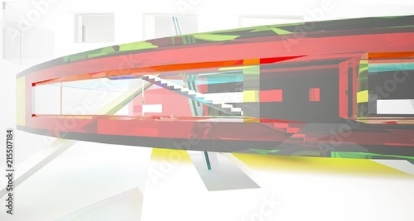 Fototapeta Abstract white and colored gradient glasses interior multilevel public space with window. 3D illustration and rendering.