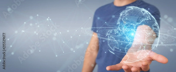Fototapeta Businessman using globe network hologram with America Usa map 3D rendering